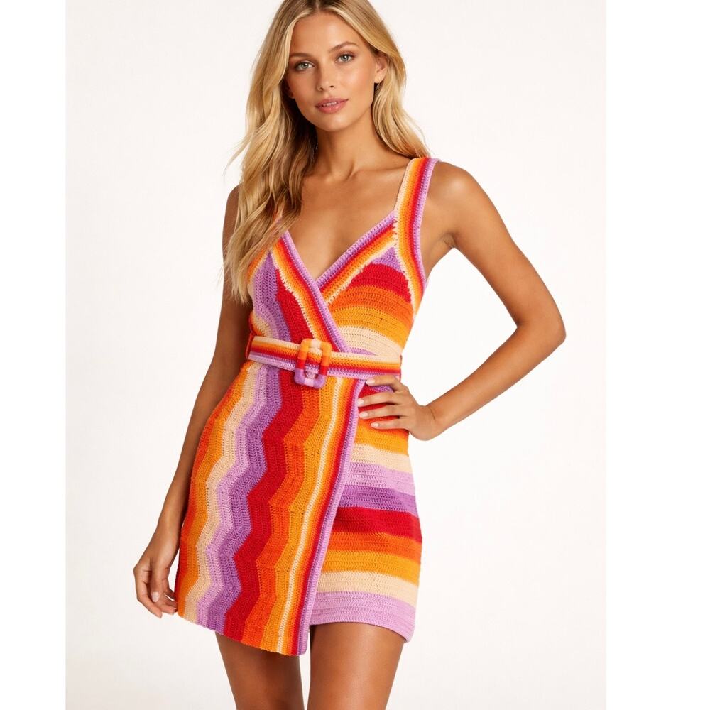 FARM Rio Crochet Knit Mini Wrap Dress L Multicolor NWT $250